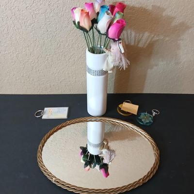 Decorative Gift Lot – Wooden Roses in Vase, Mirror Tray, & Keychains