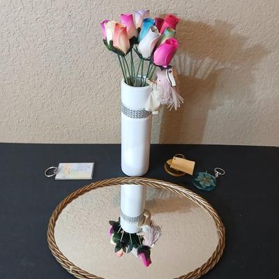Decorative Gift Lot – Wooden Roses in Vase, Mirror Tray, & Keychains