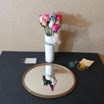 Decorative Gift Lot – Wooden Roses in Vase, Mirror Tray, & Keychains