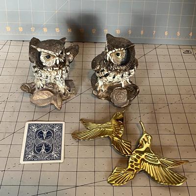 Vintage Owl Figurines & Brass Hummingbird Wall Plaques