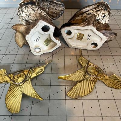 Vintage Owl Figurines & Brass Hummingbird Wall Plaques