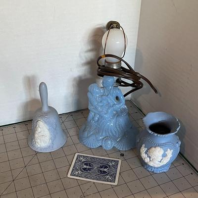 Lot of Lamp & 2 Blue Jasperware-Style Ceramic Pieces