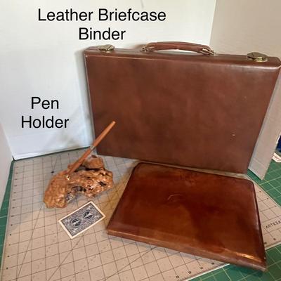 Executive Leather Briefcase Set with Rustic Pen Holder
