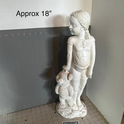 White Resin Statue of Girl with Teddy Bear