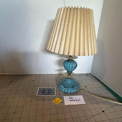 Blue Glass Table Lamp with Pleated Shade