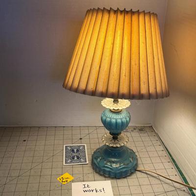 Blue Glass Table Lamp with Pleated Shade