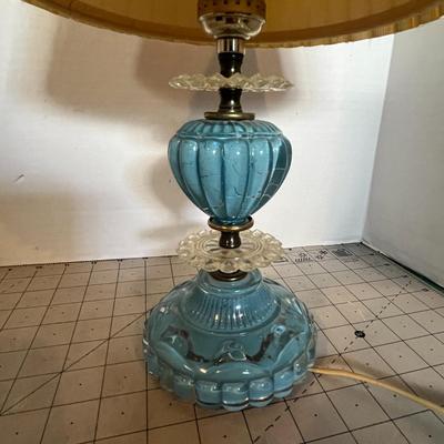 Blue Glass Table Lamp with Pleated Shade