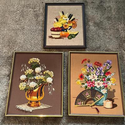 Set of 3 Framed Floral Needlepoint Artworks