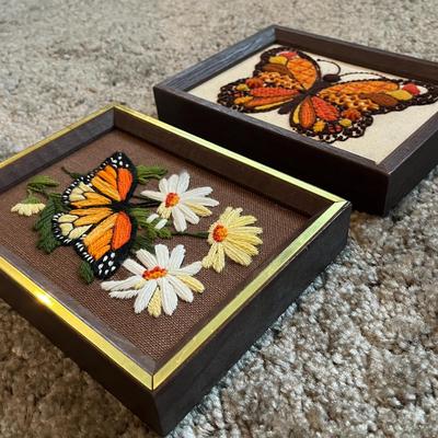 Set of 2 Framed Butterfly Embroidery Artworks