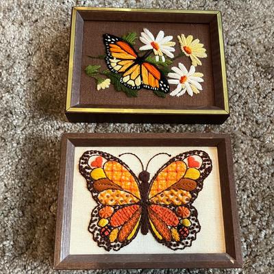 Set of 2 Framed Butterfly Embroidery Artworks