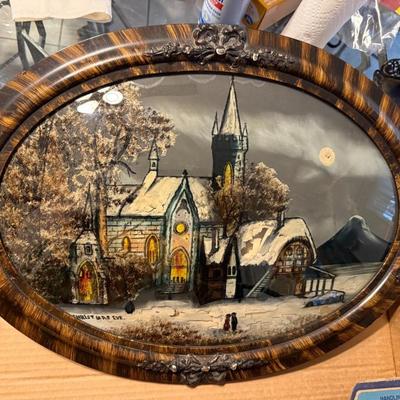 Antique "CHRISTMAS EVE" Reverse Painting Convex Bubble Glass Oval Frame Church w/Snowy Landscape as Pictured.