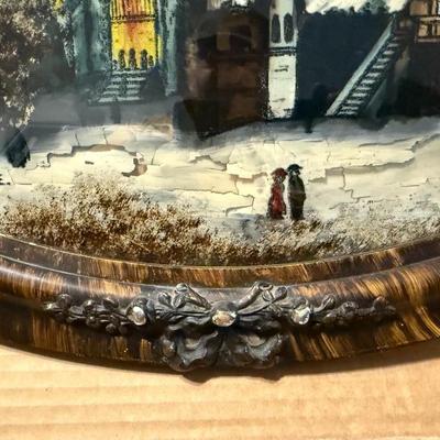 Antique "CHRISTMAS EVE" Reverse Painting Convex Bubble Glass Oval Frame Church w/Snowy Landscape as Pictured.