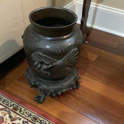 SOLD $150 heavy engraved bronze finished antique oriental footed base 