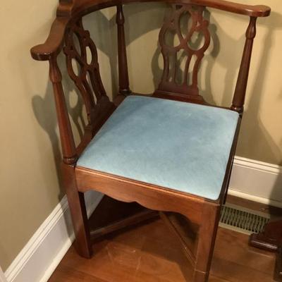 SOLD $125 Hickory Chair corner chair, custom blue 
