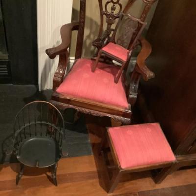 SOLD $65 child's chair, $8 small stool, $8 mini fabric chair, $12 black mini chair