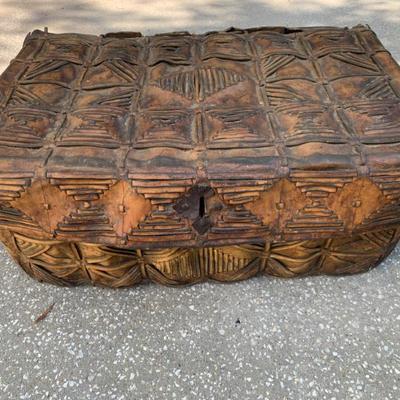 SOLD $525 19th century Spanish hand made cow hide traveling chest/trunk  15”H 33”L 21”depth 