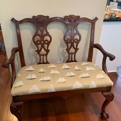$195 Century Chair Co. ball & claw custom sailboat fabric 2 seater bench 39”H 38”L 19”depth