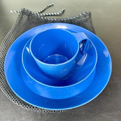 Sale Photo Thumbnail #494: Includes 10” plate, bowl, cup and utensils.  Mesh storage bag included. Good used condition,