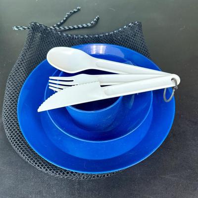Sale Photo Thumbnail #493: Includes 10” plate, bowl, cup and utensils.  Mesh storage bag included. Good used condition,