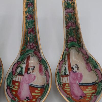 Set of Four Hand Painted Porcelain Soup Spoons