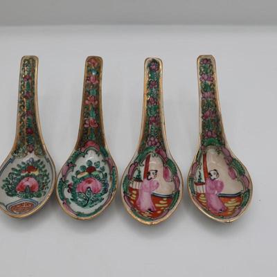 Set of Four Hand Painted Porcelain Soup Spoons