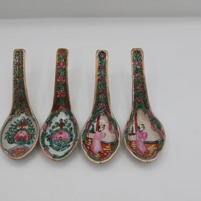Set of Four Hand Painted Porcelain Soup Spoons