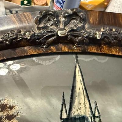 Antique "CHRISTMAS EVE" Reverse Painting Convex Bubble Glass Oval Frame Church w/Snowy Landscape as Pictured.