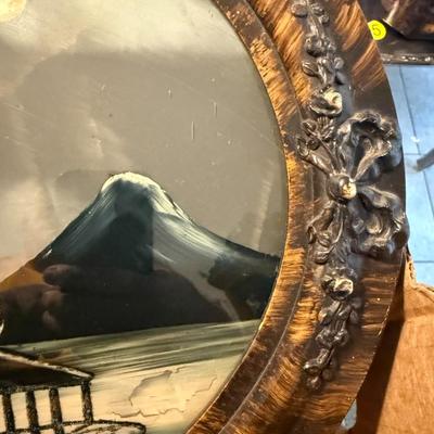 Antique "CHRISTMAS EVE" Reverse Painting Convex Bubble Glass Oval Frame Church w/Snowy Landscape as Pictured.