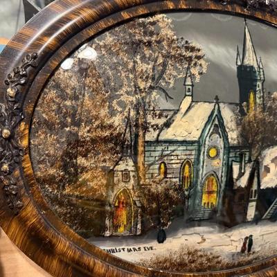 Antique "CHRISTMAS EVE" Reverse Painting Convex Bubble Glass Oval Frame Church w/Snowy Landscape as Pictured.