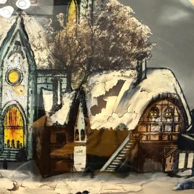 Antique "CHRISTMAS EVE" Reverse Painting Convex Bubble Glass Oval Frame Church w/Snowy Landscape as Pictured.