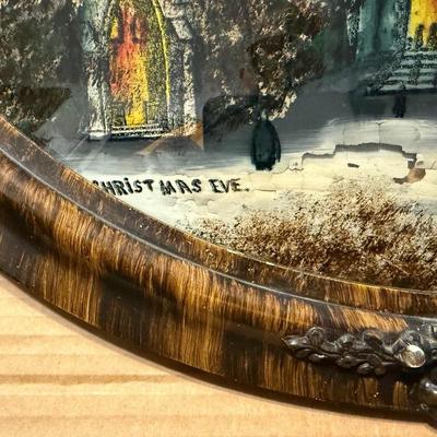 Antique "CHRISTMAS EVE" Reverse Painting Convex Bubble Glass Oval Frame Church w/Snowy Landscape as Pictured.