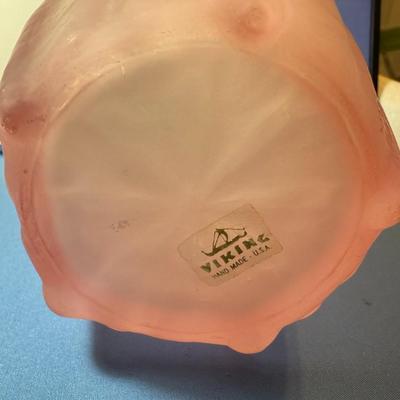 Vintage PINK SATIN Viking Art Glass Fan Vase 7.50" Tall Frosted w/Sticker as Pictured.