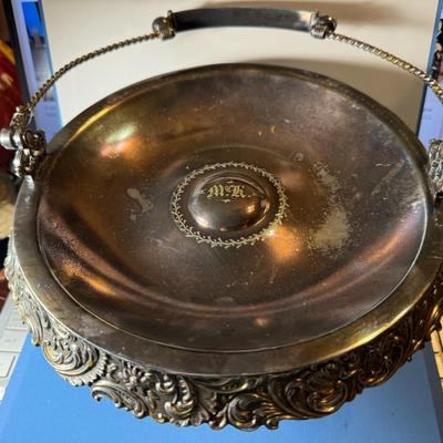 Vintage/Antique "MERIDEN B-COMPANY" Quadruple Plate Serving Pedestal Tray w/Handle in Good Condition but Monogramed as Pictured.