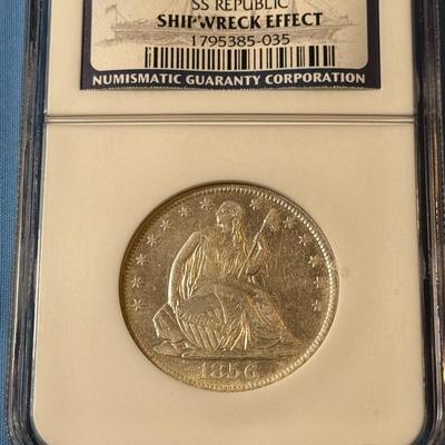 NGC CERTIFIED 1856-O "SS REPUBLIC SHIPWRECK COIN" SEATED LIBERTY HALF DOLLAR AS PICTURED.