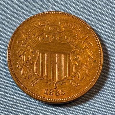1865 FANCY "5" UNCIRCULATED CONDITION TWO CENT PIECE TYPE COIN AS PICTURED.