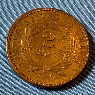 1865 FANCY "5" UNCIRCULATED CONDITION TWO CENT PIECE TYPE COIN AS PICTURED.