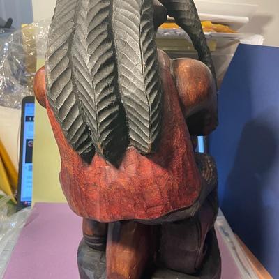 Vintage Jamaican Rastafarian Figure 15" Tall Hand Carved Wooden Man Art Statue Playing a Bongo Drum in VG Preowned Condition.