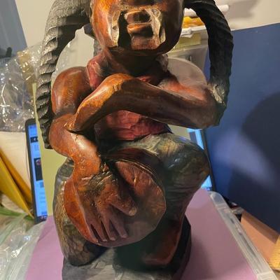 Vintage Jamaican Rastafarian Figure 15" Tall Hand Carved Wooden Man Art Statue Playing a Bongo Drum in VG Preowned Condition.
