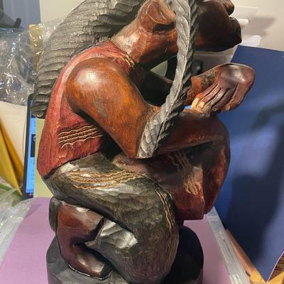 Vintage Jamaican Rastafarian Figure 15" Tall Hand Carved Wooden Man Art Statue Playing a Bongo Drum in VG Preowned Condition.