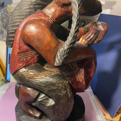 Vintage Jamaican Rastafarian Figure 15" Tall Hand Carved Wooden Man Art Statue Playing a Bongo Drum in VG Preowned Condition.