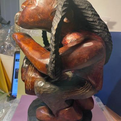 Vintage Jamaican Rastafarian Figure 15" Tall Hand Carved Wooden Man Art Statue Playing a Bongo Drum in VG Preowned Condition.