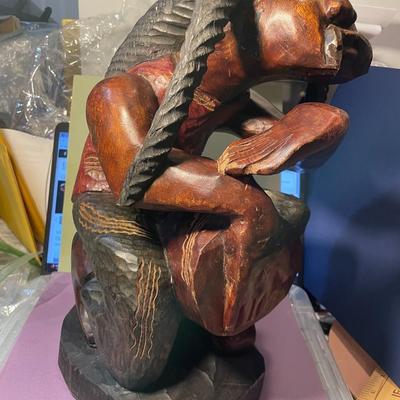 Vintage Jamaican Rastafarian Figure 15" Tall Hand Carved Wooden Man Art Statue Playing a Bongo Drum in VG Preowned Condition.