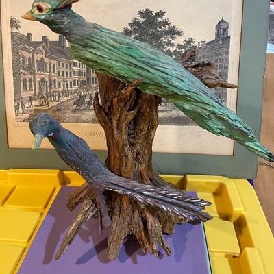 Vintage Driftwood Birds Artwork on a Bark/Branch 15.50” Tall in Good Preowned Condition, Very Nicely Done.
