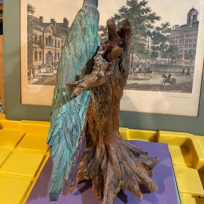 Vintage Driftwood Birds Artwork on a Bark/Branch 15.50” Tall in Good Preowned Condition, Very Nicely Done.