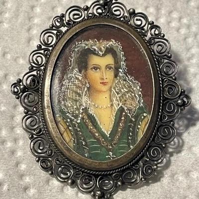 Antique .800 Silver Filigree Hand Painted Pin or Pendant from the 1800's in VG Preowned Condition as Pictured.