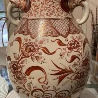 Early Japanese Kutani/Satsuma Hand Painted Signed Red/Gold Mark Vase from 1800's 15.5" Tall & w/Base 17" Tall...
