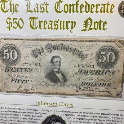 The LAST CONFEDERATE TREASURY 50- & 100-Dollar Banknotes -by the Postal Commemorative Society in a Nice Presentation Folder.