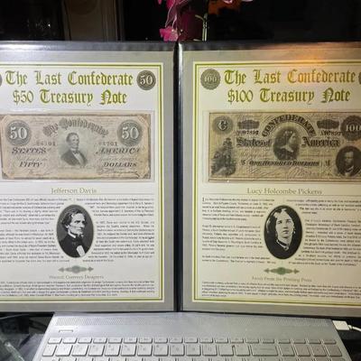 The LAST CONFEDERATE TREASURY 50- & 100-Dollar Banknotes -by the Postal Commemorative Society in a Nice Presentation Folder.