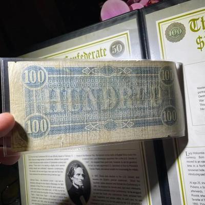 The LAST CONFEDERATE TREASURY 50- & 100-Dollar Banknotes -by the Postal Commemorative Society in a Nice Presentation Folder.