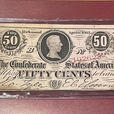 1863 50c Fifty Cent Note CSA Confederate States Richmond VA in Good Preowned Circulated Condition.